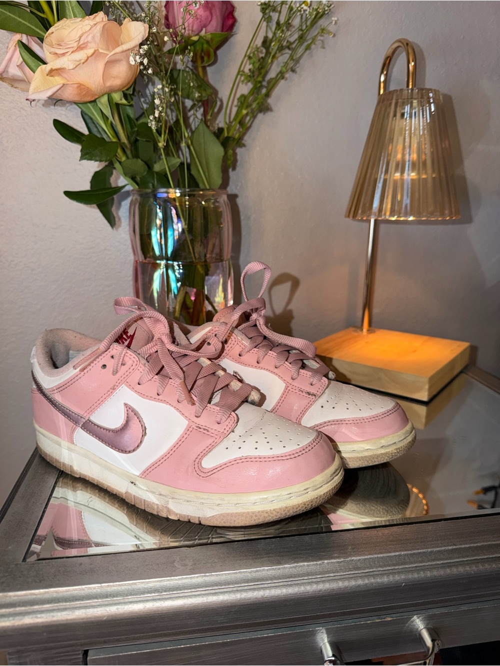 Nike Women’s Pink and White Low-Top Sneakers with Iridescent Swoosh